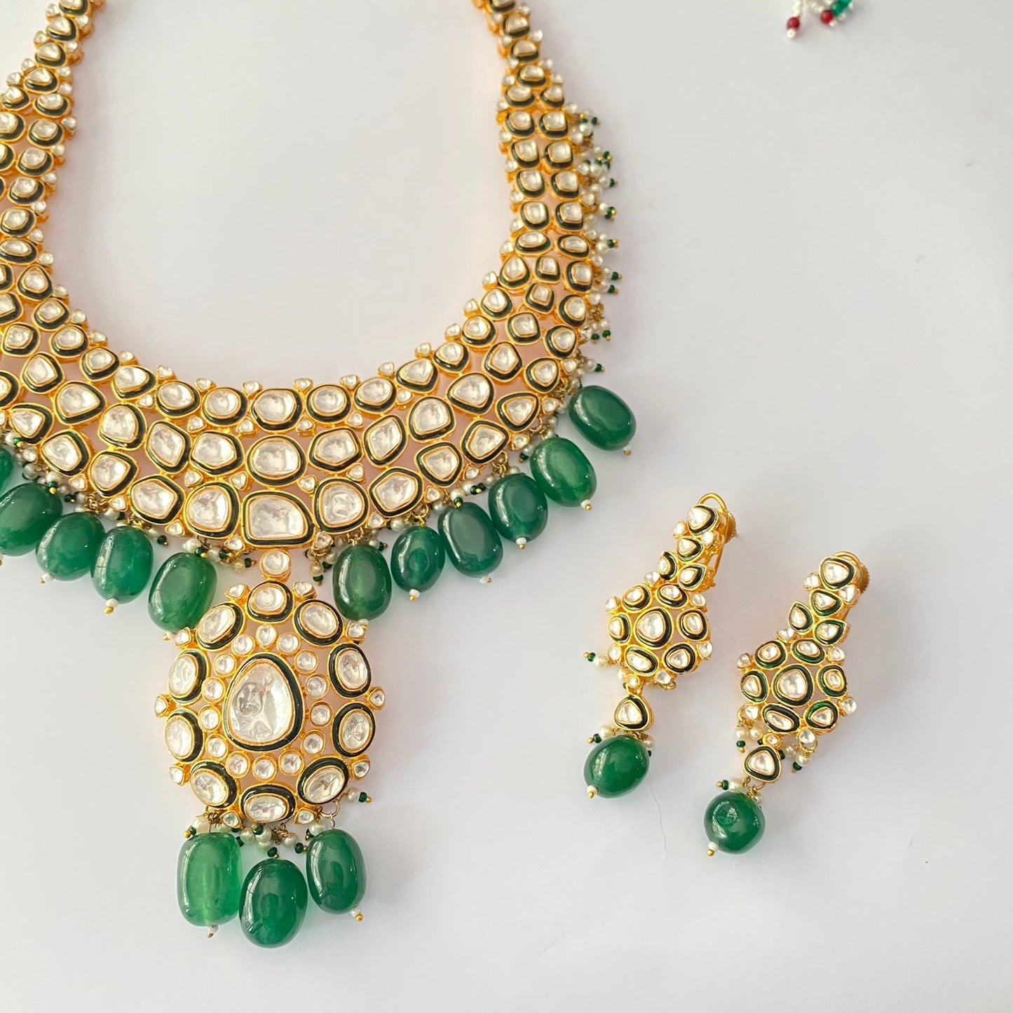 Gold Plated Kundan Polki Drop Green Necklace Set