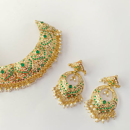 Gold Plated Green Jadau Necklace Set
