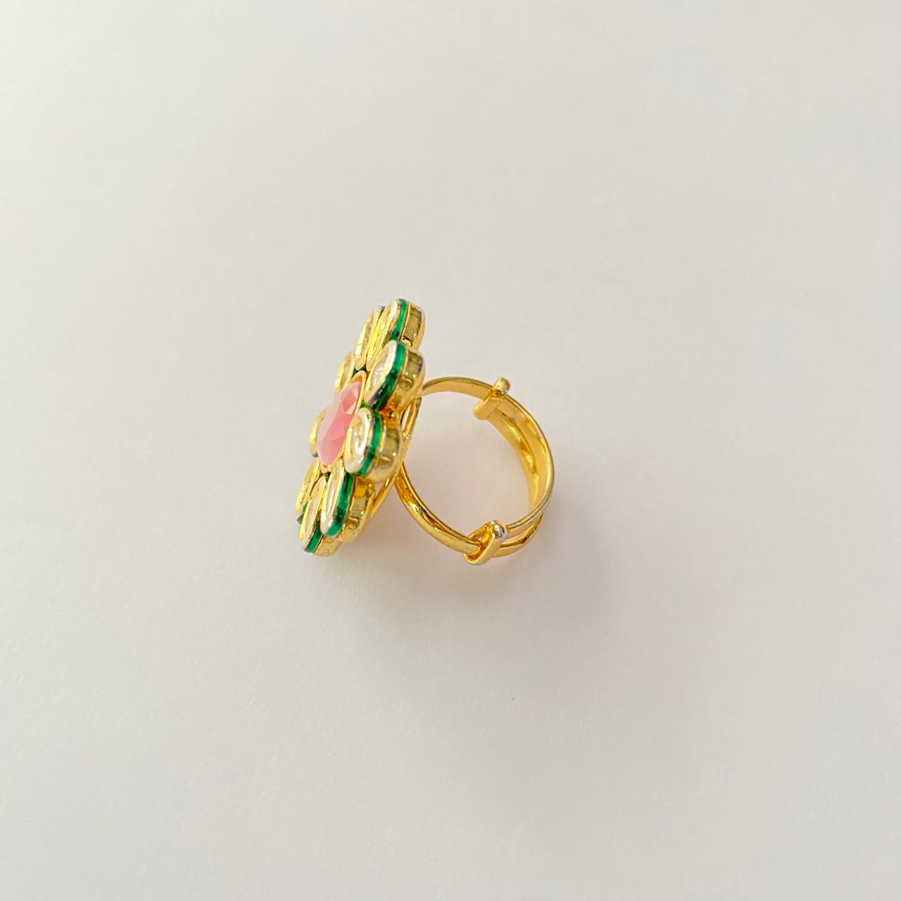 Light Pink Stone Kundan Floral Adjustable Ring