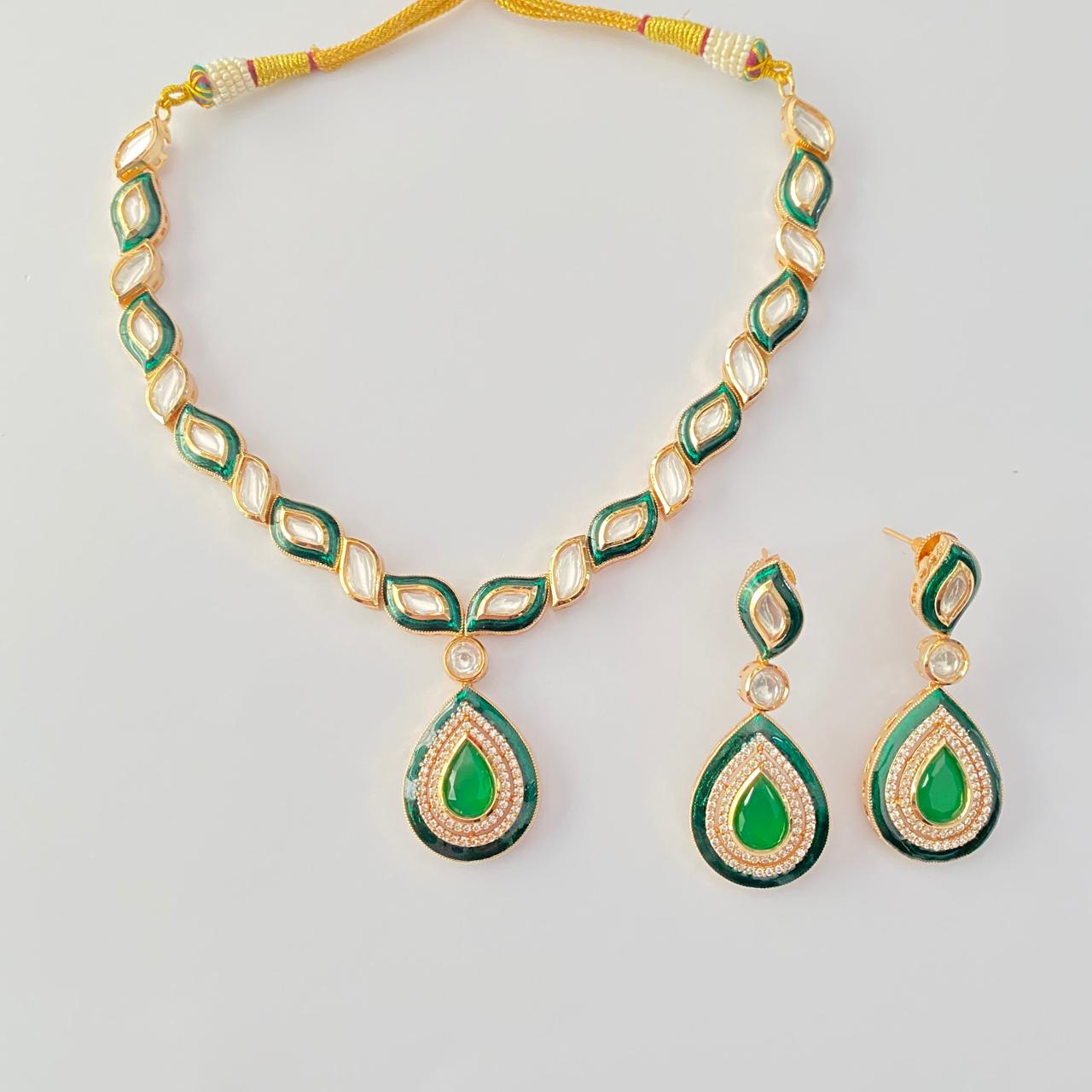Polki Gold plated Green  Necklace Set