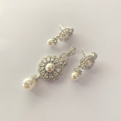 Silver Plated A.D Stone Pearl Drop Pendant