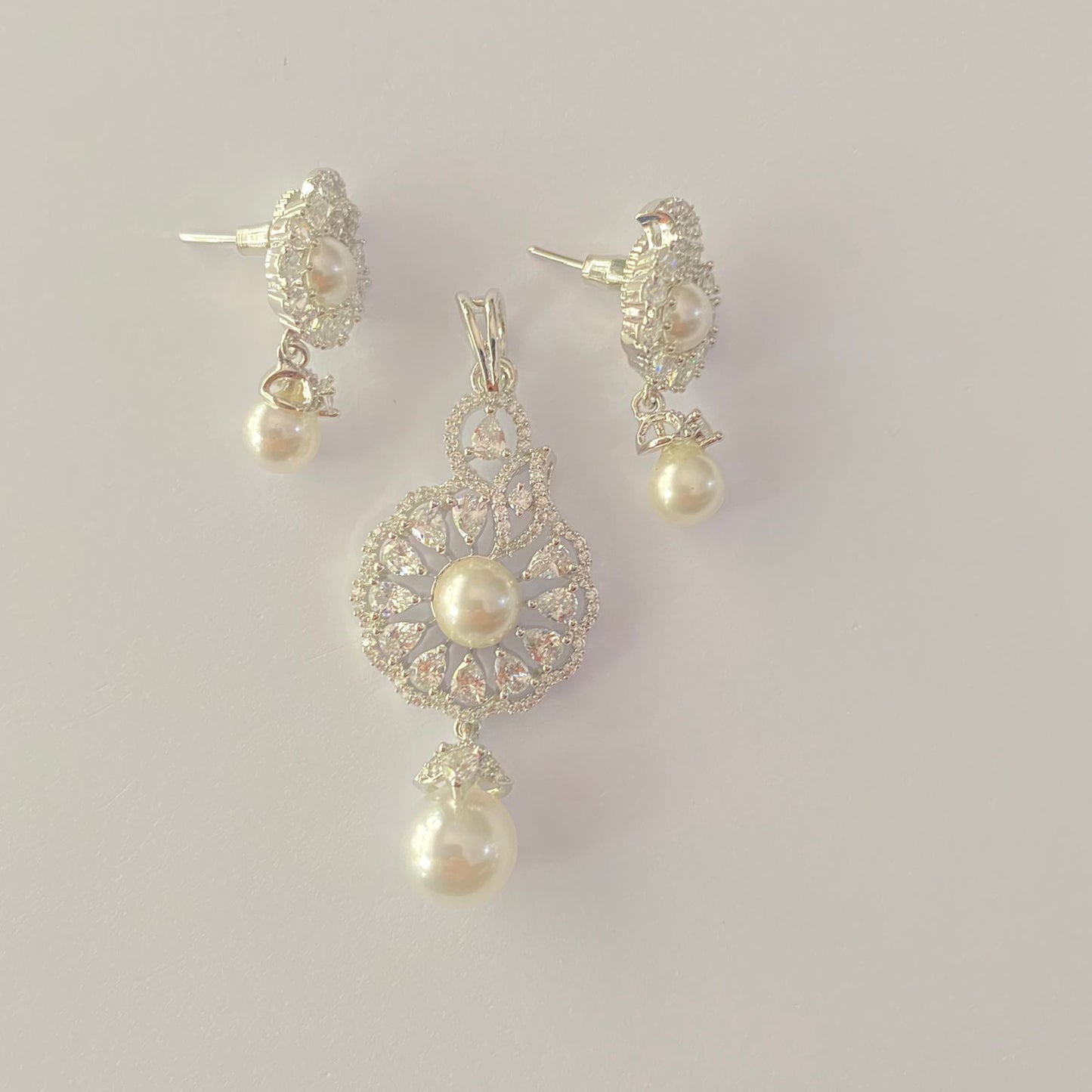 Silver Plated A.D Stone Pearl Drop Pendant