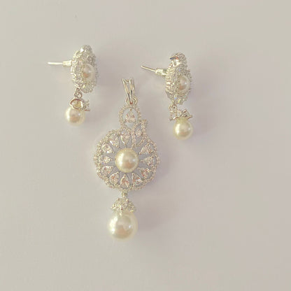 Silver Plated A.D Stone Pearl Drop Pendant