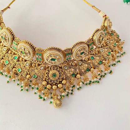 Gold Plated Kundan Green Necklace Set