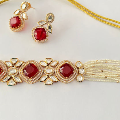 Gold Plated Ruby Kundan Choker Set