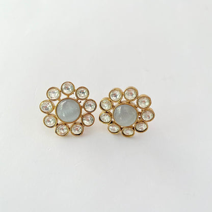 Grey Stone Floral Antique Gold Plated Stud Earring