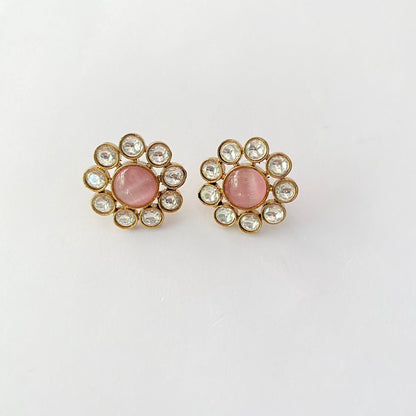 Pink Stone Antique Gold Plated Floral Stud Earring
