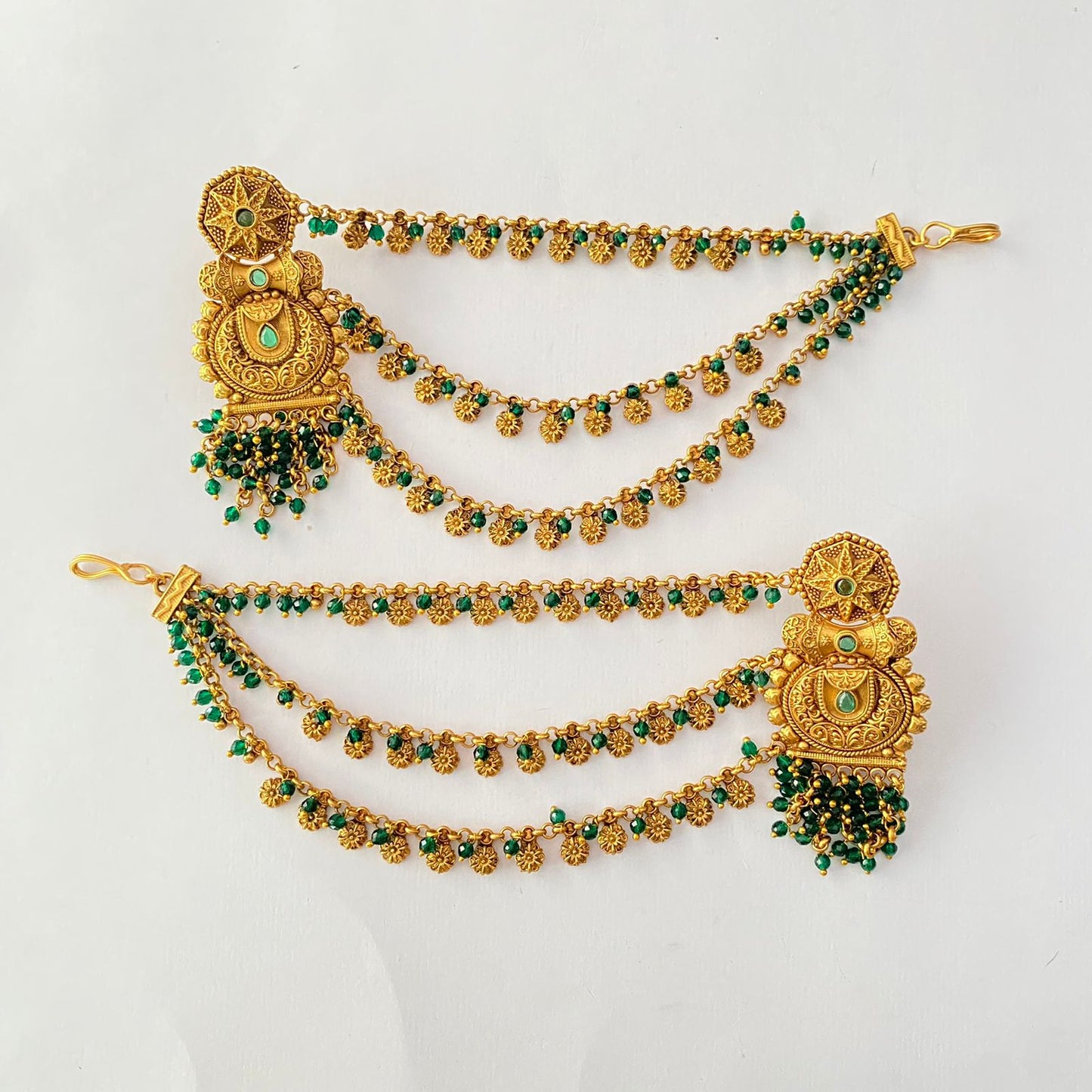 Traditional green Beads layered antique Gold Plated Earring