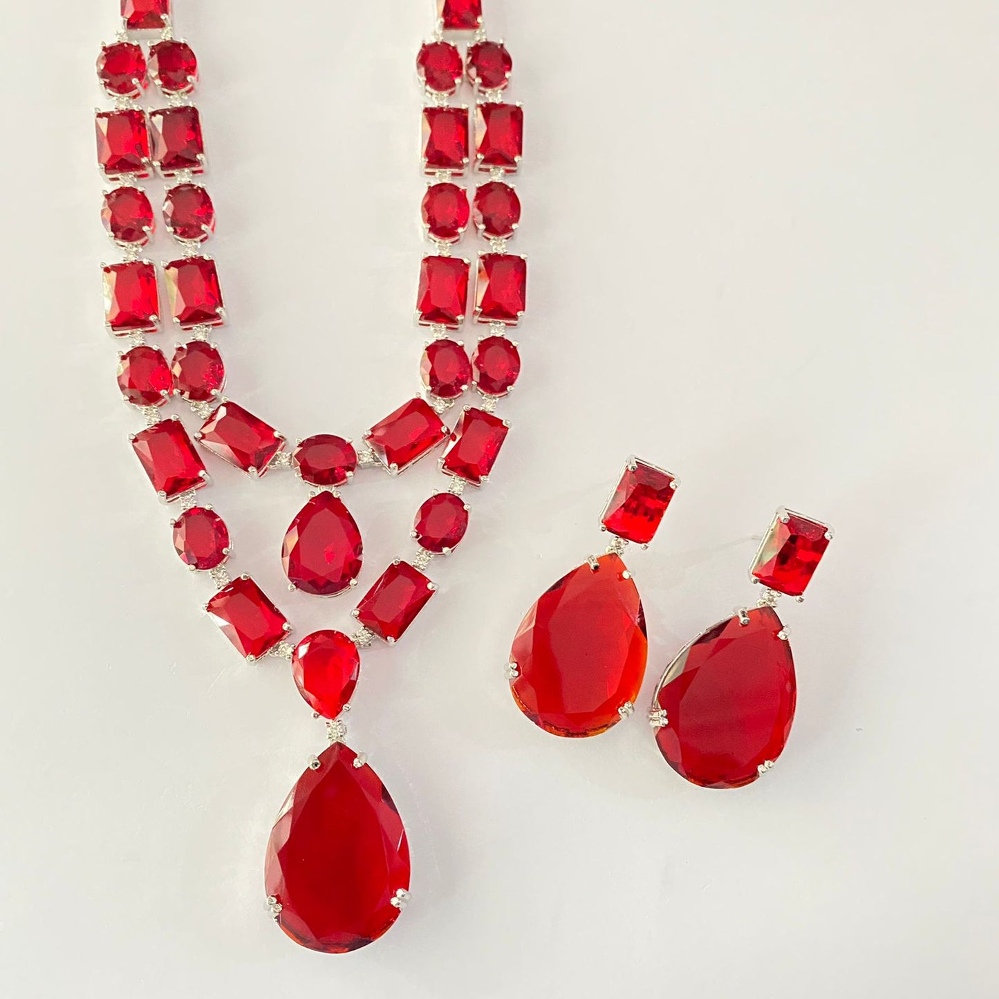 Ruby Stone Double Line Silver Plated Necklace Set