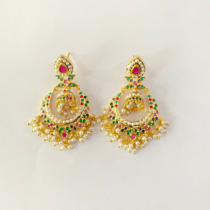 Traditional Multi  Stone Long Jadau Earring