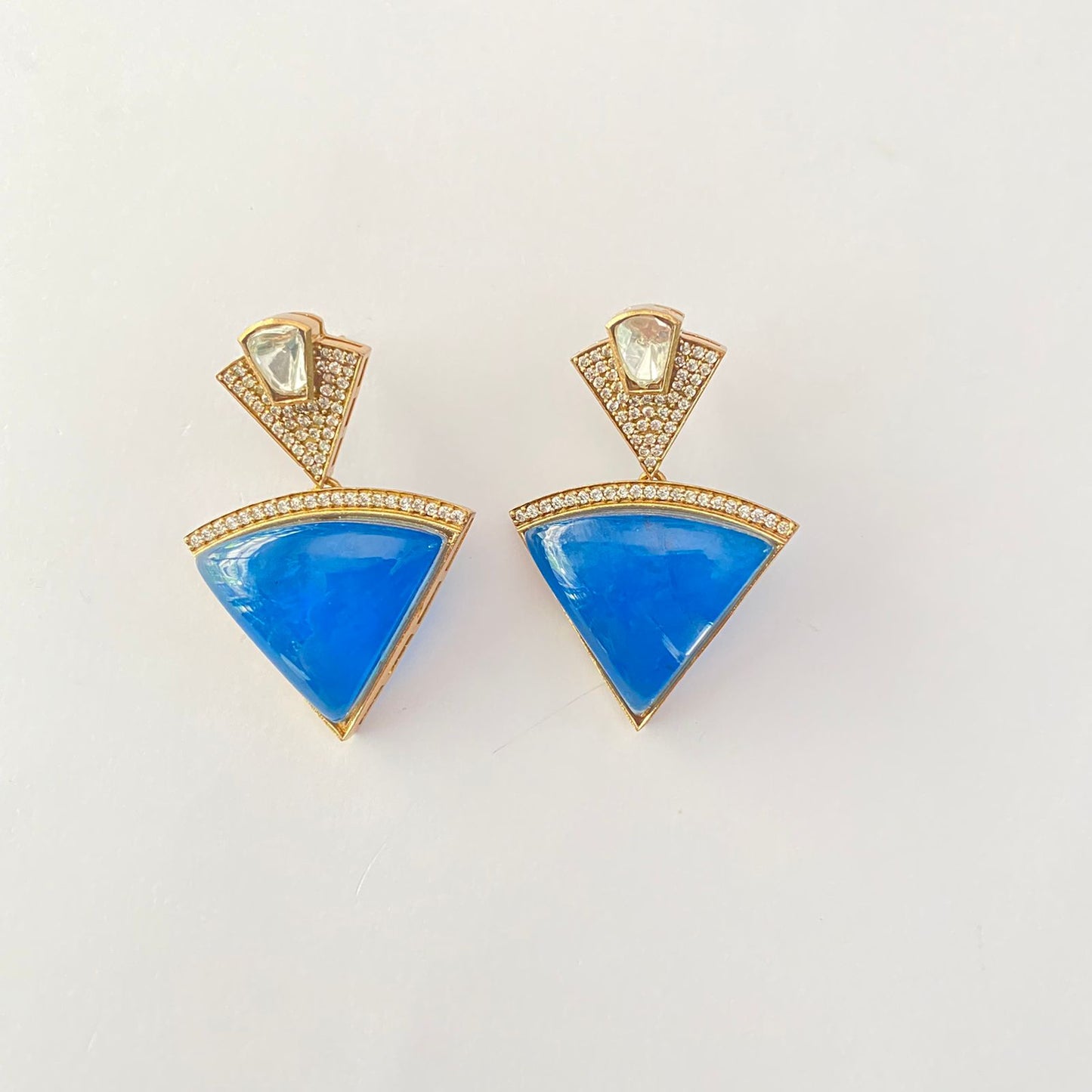 Elegant Blue Triangle Antique  Gold Plated Earring