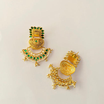 Ethnic Gold Plated Green Stone Dangler Earring