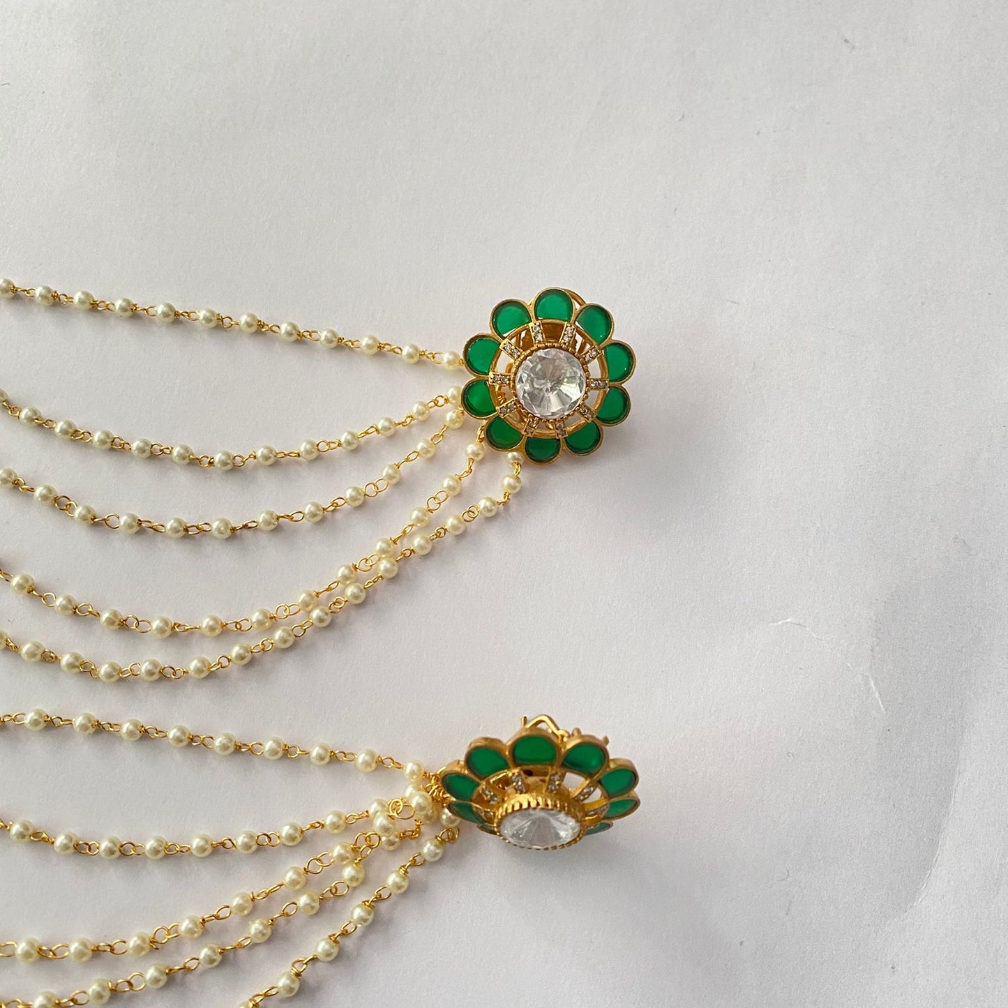 Green Floral Polki With Kaan Chain Stud Earring