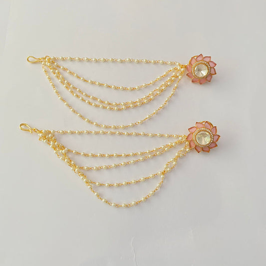 Pink with polki  floral with kaan chain  Stud Earring