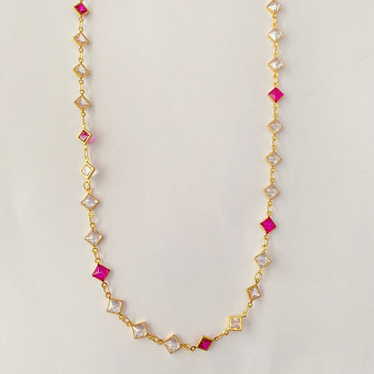 Gold Plated Long Ruby & White Stone Triangle shape Chain