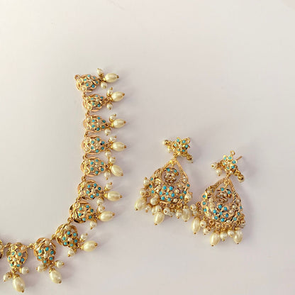 Firoza Gold Plated Drop Pearl Sleek Jadau Necklace Set