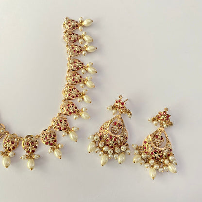 Ruby Gold Plated Jadau Sleek Necklace Set