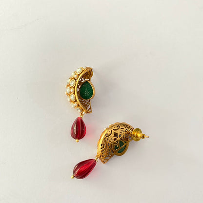 Gold Plated Drop Ruby Green Moissanite Earring