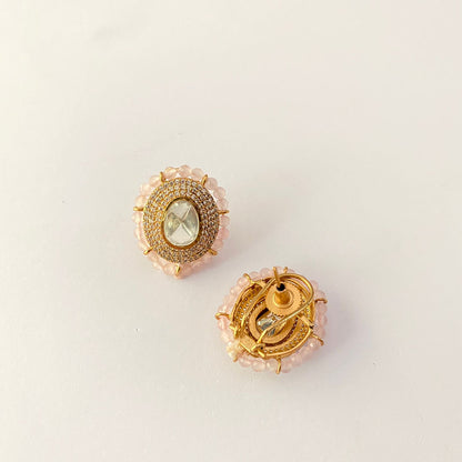 Polki Gold Plated Rose Quartz Stud