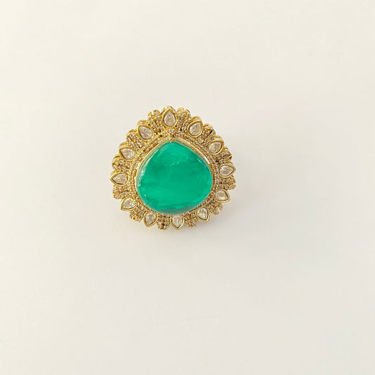 Polki green gold plated adjustable ring