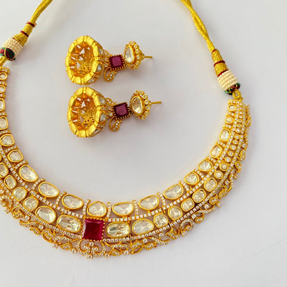 Gold Plated kundan ruby with diamond necklace set.