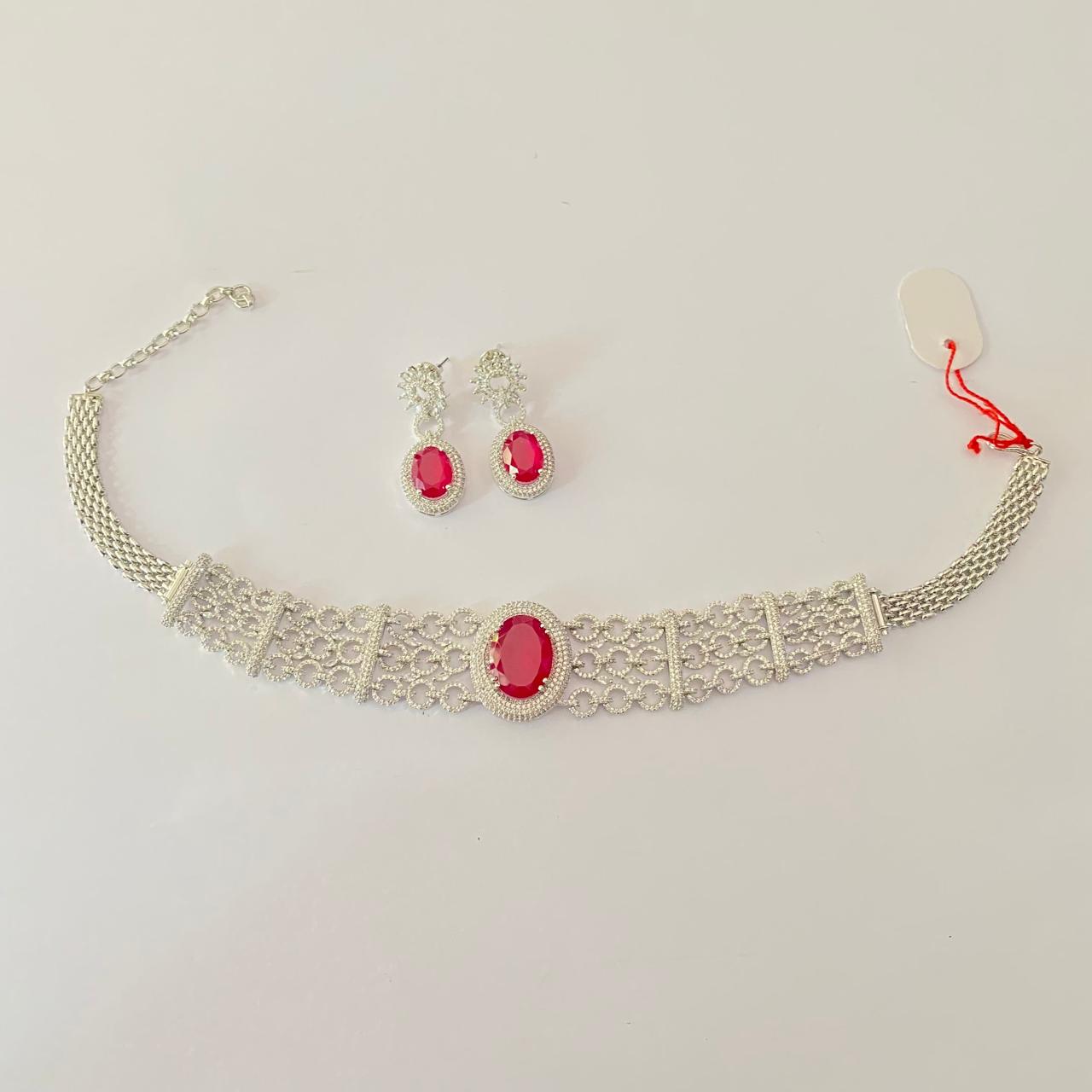 Diamond Silver plated  Ruby classic party wear Choker set