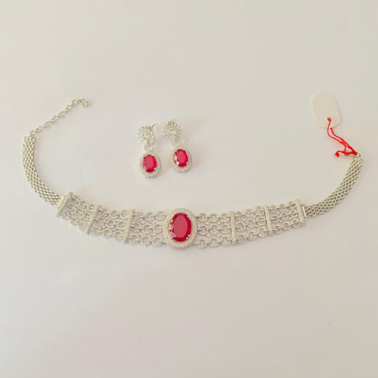 Diamond Silver plated  Ruby classic party wear Choker set
