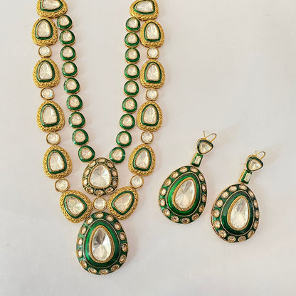 Polki Green Antique Long Necklace With Back Clip Set