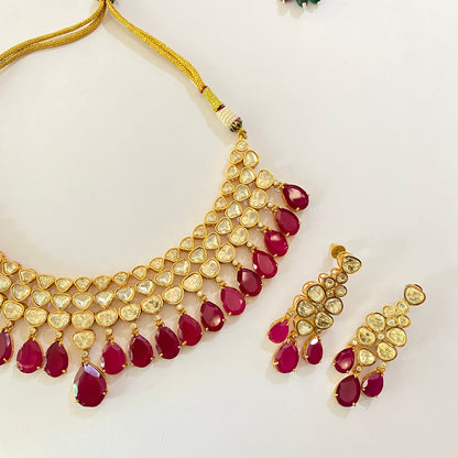 Moissanite Gold Plated Drop Ruby Necklace Set