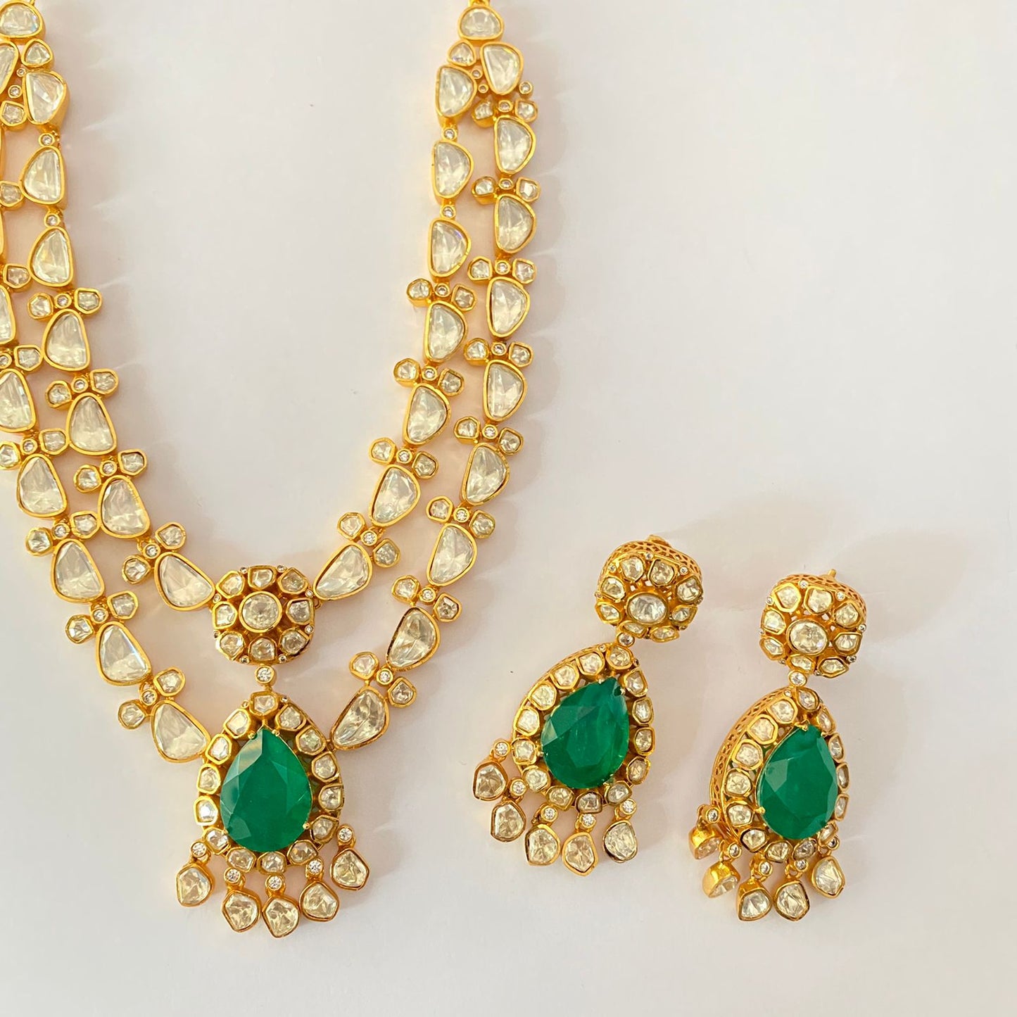 Gold Plated Moissanite Double Line Green Necklace Set