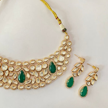 Gold Plated Moissanite Kundan Green Necklace Set