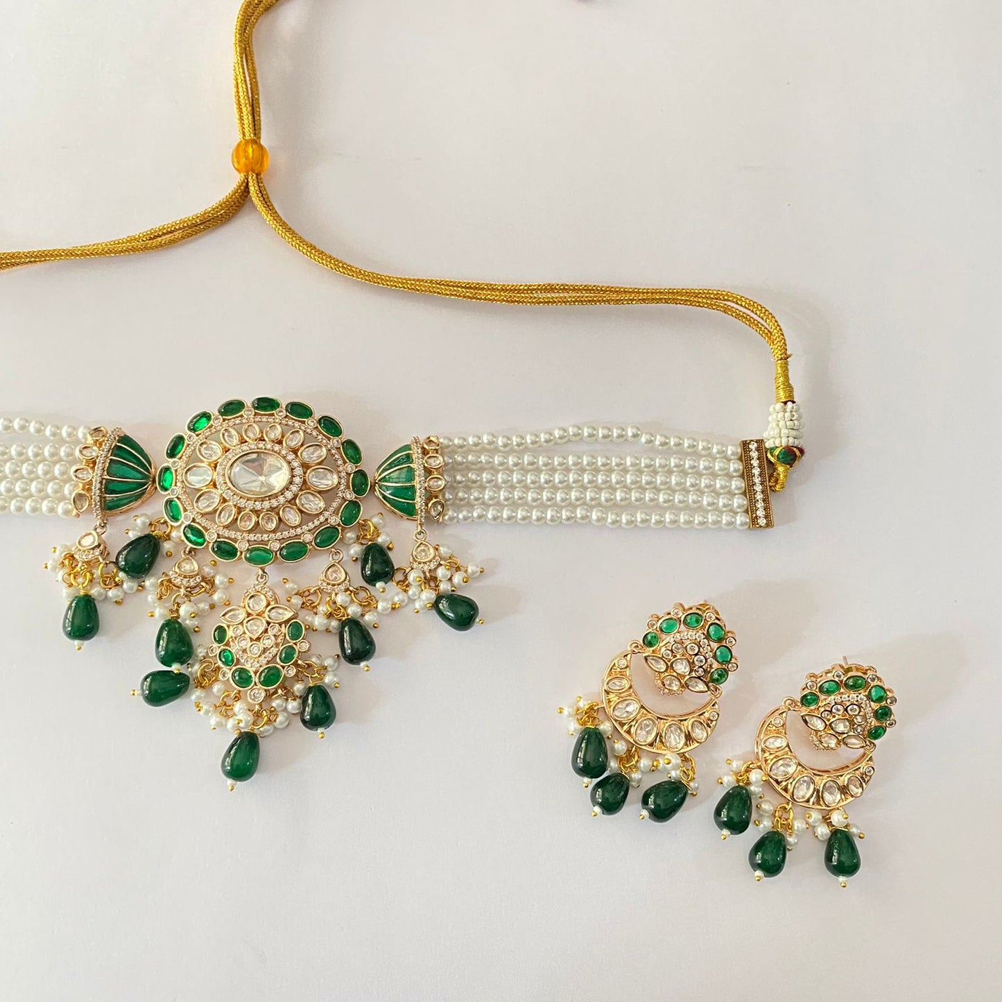 Kundan Green White Beads Choker Set