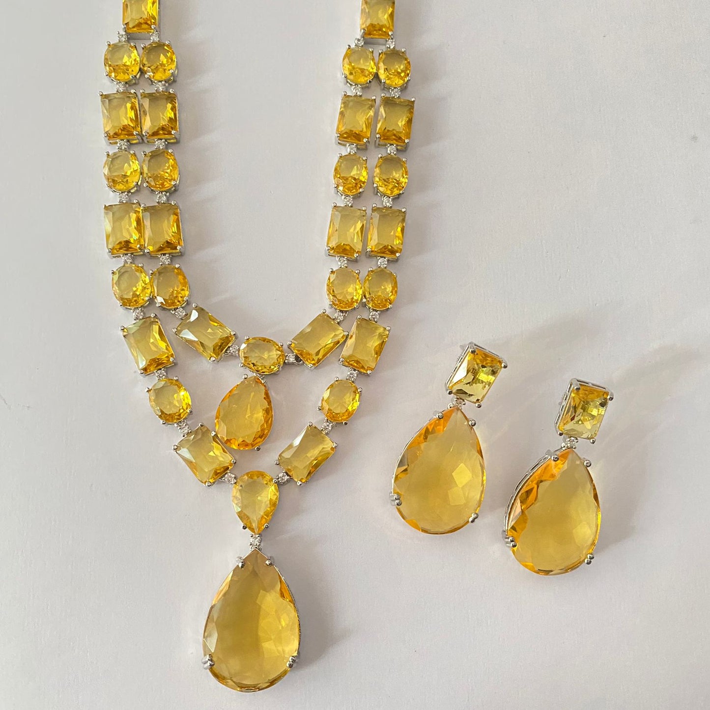 Silver Plated Yellow Double Line Stone Necklace Set