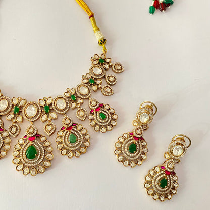 Moissanite Green Antique Gold Plated Necklace Set