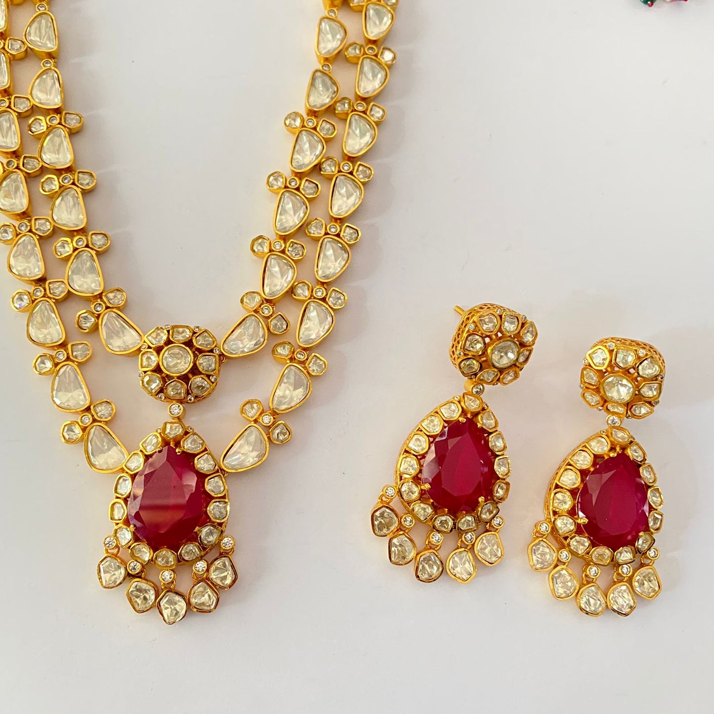 Gold Plated Moissanite Double Line Ruby Necklace Set