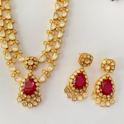 Gold Plated Moissanite Double Line Ruby Necklace Set