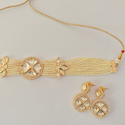 White Beads Gold Plated Kundan Choker Set