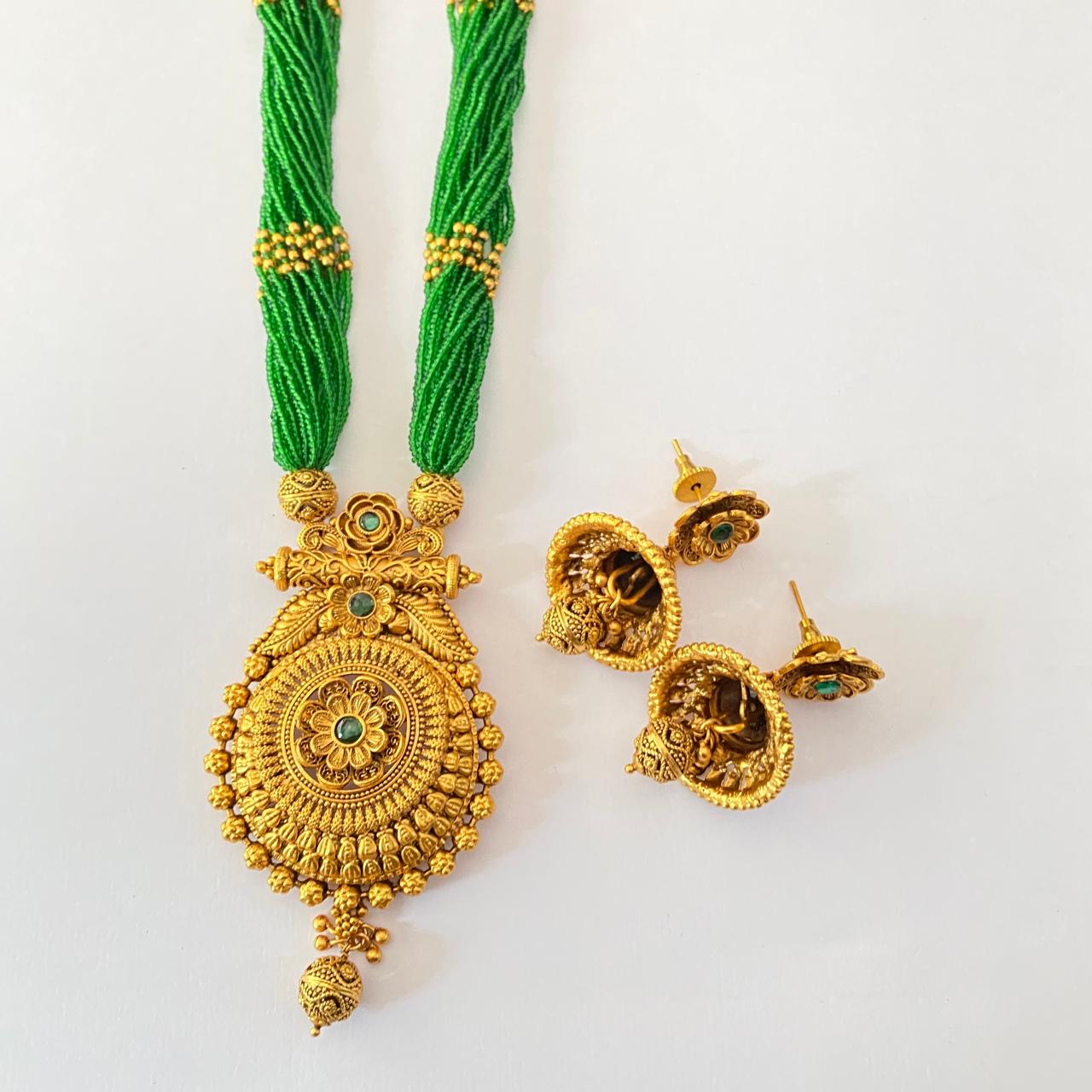 Gold Plated Green Long Necklace Set
