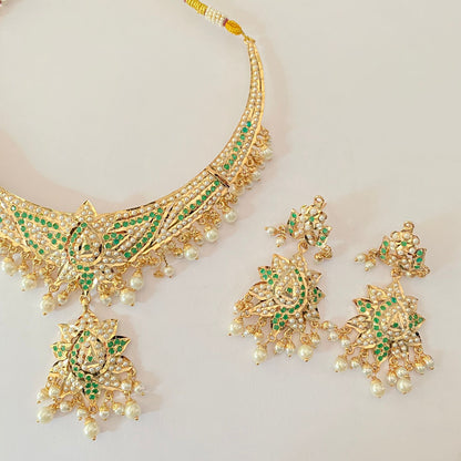 Green White Pearl Jadau Necklace Set