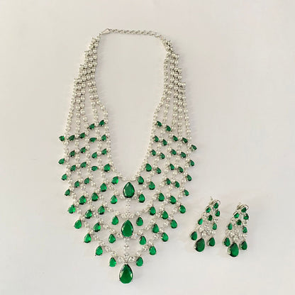 Silver plated gorgeous diamond and emerald necklace designs Set