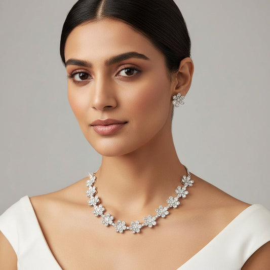 silver plated diamond flower design  Necklace set for women