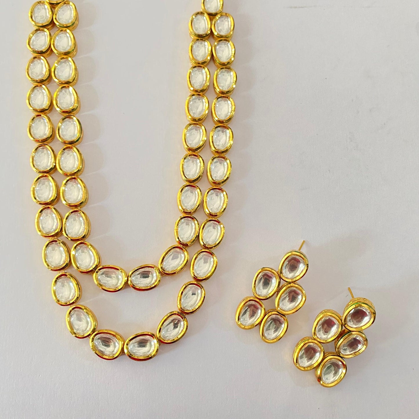 Gold Plated Double Line Kundan Long Necklace Set