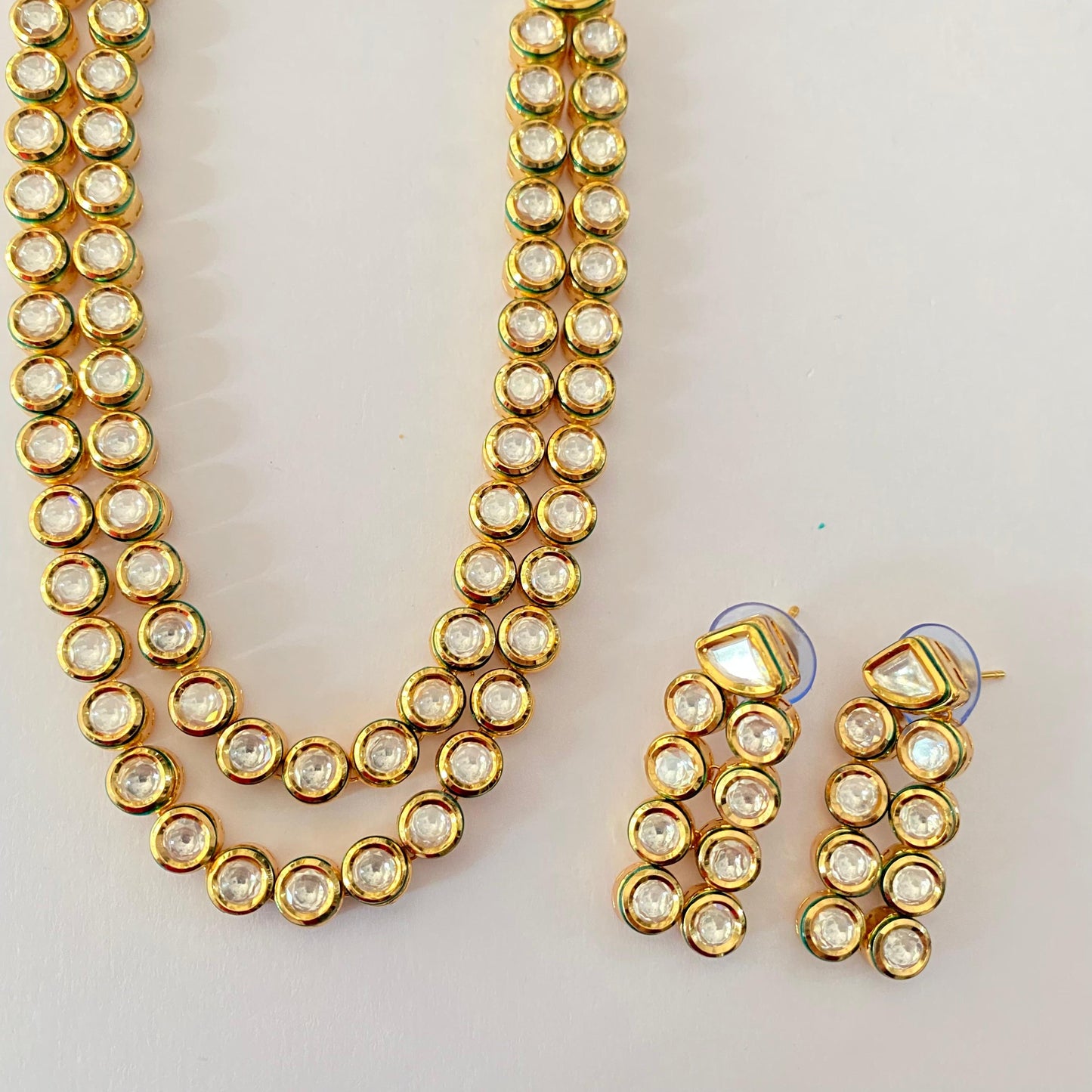 Gold Plated Double Line Kundan Long Necklace Set