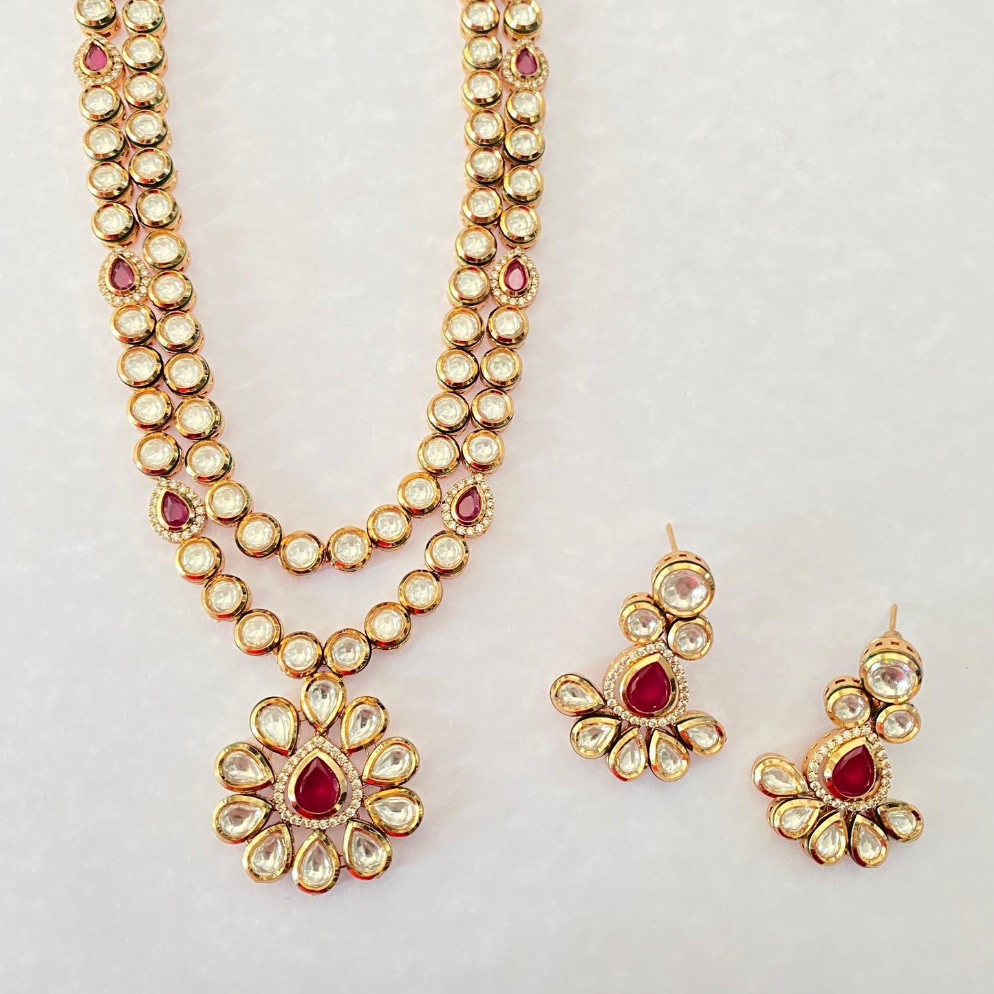Ruby Kundan Polki Flower design drop Double layer Long Necklace Set