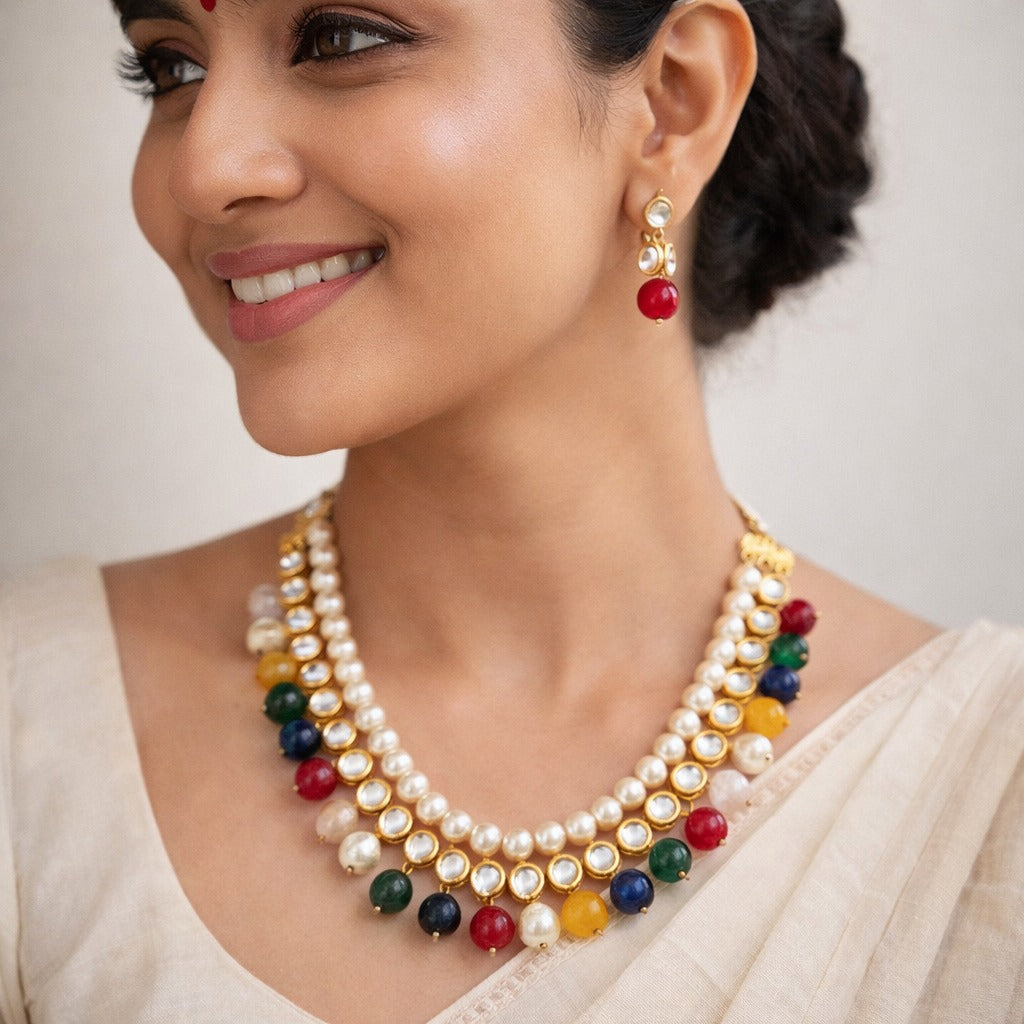 Multicolor Kundan And Pearl String Necklace