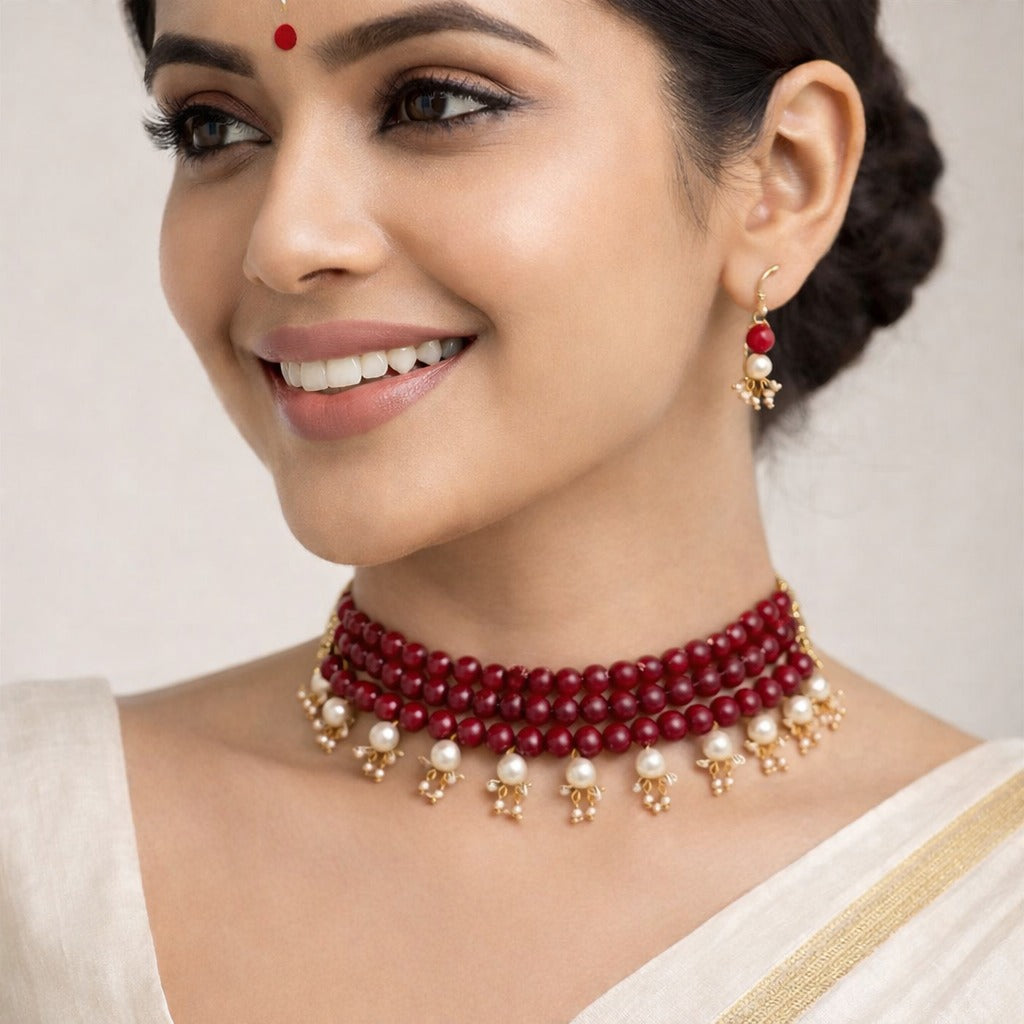 Ethnic Red Stone with White Pearl Chokar Necklace