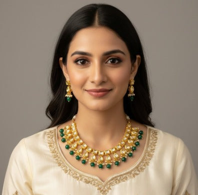 Emerald Kundan Gold Plated with small pearl Necklace Set