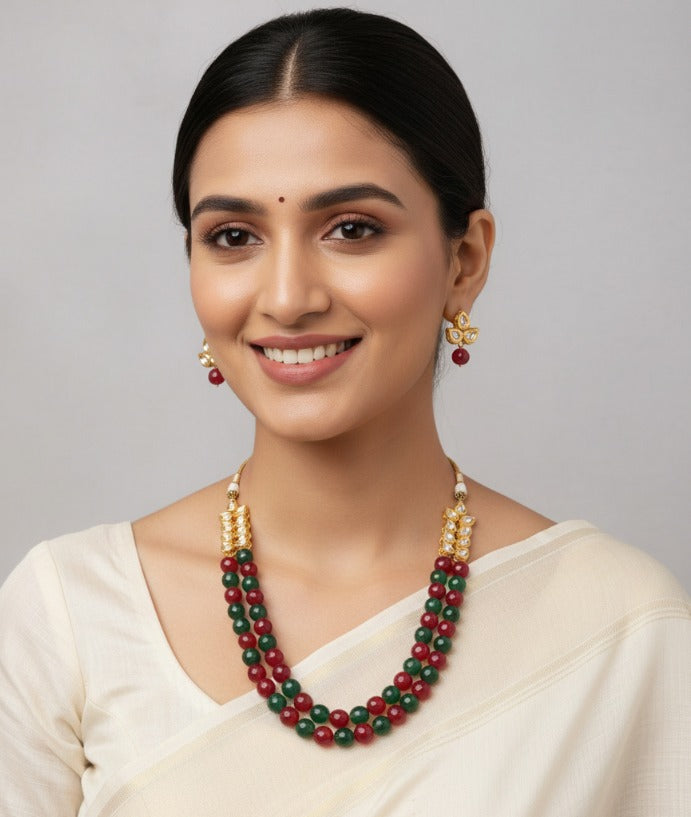 GREEN & REN STONE WITH KUNDAN DOUBLE STRING NECKLACE SET