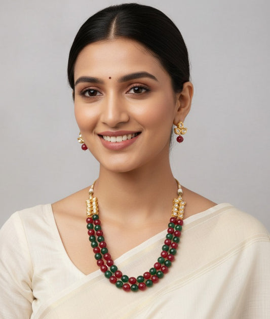 GREEN & REN STONE WITH KUNDAN DOUBLE STRING NECKLACE SET