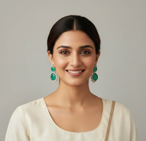 Emerald A.D Silver Plated with Polki Design Earring